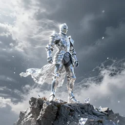 fantasy knight in crystal armor staying on the cliff, strong wind, diamond dust, cinematic, wide shot, dramatic light, artstation, unreal engine 5, volumetric light, sharp focus