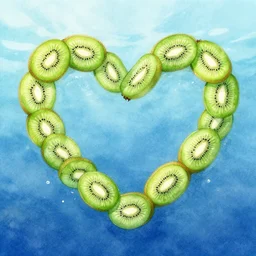 romantic underwater watercolor art of heart shape made of of green kiwi fruits and green gooseberry berries front an underwater volcano, concept, fantasy, glowing, artstation, epic, volumetric light, cute, golden hour