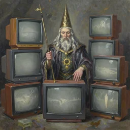 book cover of wizard surrounded by crt televisions pvm oil on canvas