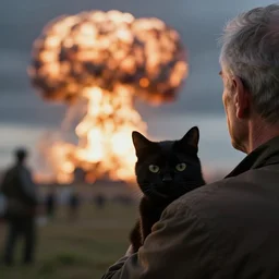 cinematic movie close up shot, background blur bokeh, old man sitting with black cat watching nuke explosion close up!, world ending nuke, 4 k