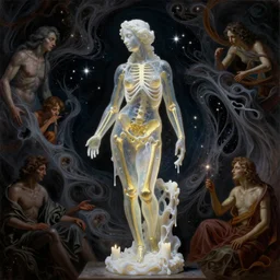 Beautiful full-body wax sculpture of glowing transparent woman with visible gold bones covered with melted white candle wax inside the singularity where stars becoming baroque folds of dark matter by Michelangelo da Caravaggio, Nicola Samori, Alex Grey, William Blake and Beksinski, dramatic volumetric lighting, highly detailed oil painting, 8k, masterpiece