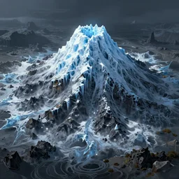 digital painting of a frozen ice covered volcano, style of dark souls III, concept art, high angle, high detail, cold lighting, dark, vivid, beautiful, trending on artstation, by Jordan grimmer, no focus, huge scene, terrain visible