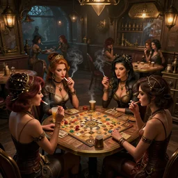 women in the interior of a steampunk cafe, Joe Madureira style, night time, smoking cigarettes, playing board games, highly detailed, level design, concept art, artstation, cgsociety, zenith view