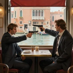 two criminals in suits pointing guns at each other in a cafe in venice, window overlooking venice canals, digital painting, amazing detail, sharp, intricate, smooth, artstation, in the style of greg rutkowski