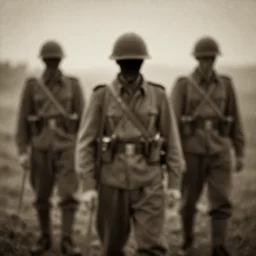 faceless WWI soldiers, sepia, faded, blurry, blurry, blurry, creepy