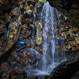 a cave full of sparkly colorful crystals and waterfalls,