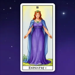 a full body tarot card of the curvy empress of eternity, long and beautiful floor length purple and blue dress with braided silver hem, emerald tiara and necklace, space, universe, portrait, highly detailed, deep focus, elegant, digital painting, smooth, sharp focus, illustration, ultra realistic, 8 k, art by artgerm and alphonse mucha