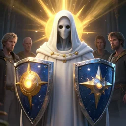 ghost cleric with a shield companion, sunbeams, robe of stars, by peter mohrbacher, john avon, dan mumford, craig mullins nekro, close up, volumettic light, cgsociety, pixiv, 3 d render