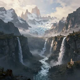 beautiful render of a mountain world, unreal engine, first light, majestic cliffs, waterfalls, raging rapids, towering peaks, snowy summits, icy glaciers, misty peaks, ruins, soft light, by greg rutkowski, cgsociety