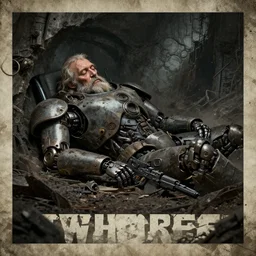 ancient old man sleeping inside, mech, ww 3, resting, gritty, apocalyptic, poster