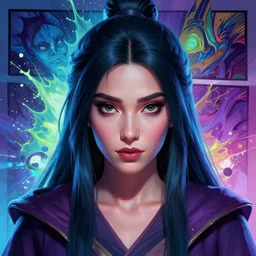head-on symmetrical centered painted portrait, Maya Ali as a mage, matte painting Blizard DOTA pixar, maya engine on stylized background splash comics global illumination lighting artstation, by RHADS, Yaroslav Tokar, Ilya Ozornin, Wu Liu, Devon Cady-Lee, Chengyou Liu, Qifeng Lin, ilya kuvshinov