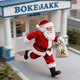 santa making an escape with a sack of cash, running from a bank, 8 k, drone photo