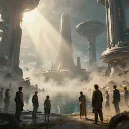 sci - fi space base, celebration!! space city!! mist, sunrays, dust in the air, unreal engine, octane render, dramatic lighting, lake, ultra clear detailed. digital art, by stanley artgerm lau, greg rutkowski, thomas kindkade, alphonse mucha, loish, norman rockwell