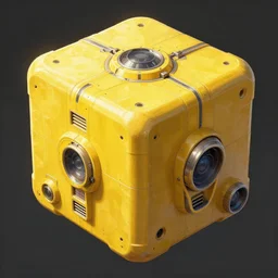 a giant yellow spaceship in the shape of a cube, realistic painting, high definition, digital art, painting, very detailed, pixiv, deviantart, artstation, danbooru, illustration, realistic