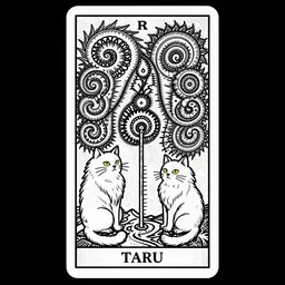 a beautiful fractal tarot card featuring bold occult imagery with clean lines. fluffy cats. punk. dimension. haeckel fish and sea creatures. detailed adult coloring book