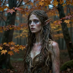portrait of a dryad inspired by hr giger, in a forest of fey autumn maples, her skin glistens with rainwater by greg rutkowski and brian froud dark mysterious, filtered evening light