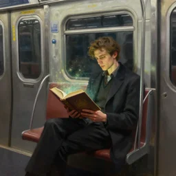 a painting of a lone man reading a magical book while sitting in a subway car, by rutkowski and artgerm, highly detailed, trending on artstation, movie concept art, cinematic lighting