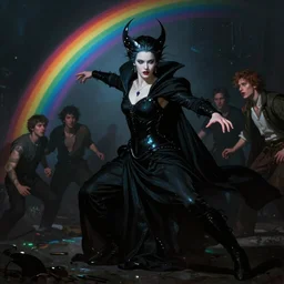 artistic scene of a fierce beautiful figure the called the moonbow queen with beautiful face in a black cloak in battle ready pose and strangers coming against her, a rainbow in the dark, colorful, by Michael Whelan, William Adolphe Bouguereau, and Donato Giancola, highly rendered, beautiful, cyberpunk, moody lighting, glowing light and shadow, atmospheric, shadowy, cinematic, 8K