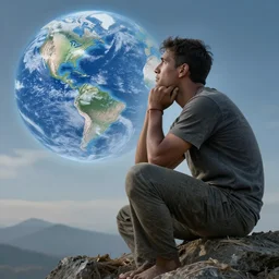 a giant in deep thoughts looking at the world
