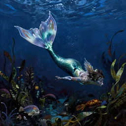 a mermaid with big fins swimming deep underwater amongst seaweed and sea creatures, mermaid, beksinski painting, part by adrian ghenie and gerhard richter. art by takato yamamoto. masterpiece, dark and moody, deep colours, blue