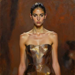 detailed portrait in strong femininity, ethnic, runway walk, realistic face sculpted features, statuesque model, svelte attire, warm cast, bathed in light, filmic, chiaroscuro, specular highlights, angular impressionism, radiosity, deep rich tones, contemporary art, oil on canvas