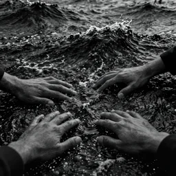 dark ocean, towering waves, black, grey - scale, highly turbulent, deep focus, no sky, elevation view,!!! hands and faces!!!