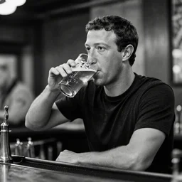 Mark Zuckerberg drinking a glass of beer at the bar, black and white, dslr photo