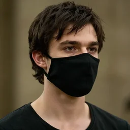 young man with black fabric mask, short dark hair, true anatomy!, photorealistic, film still, style of lord of the ring by peter jackson - h 7 6 8