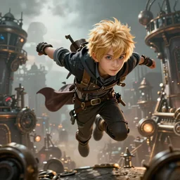 An epic fantasy comic book style portrait painting of a young blonde boy thief flying out of a steampunk city, unreal 5, DAZ, hyperrealistic, octane render, cosplay, RPG portrait, dynamic lighting