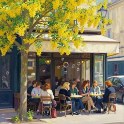 people sit outside a a parisian cafe. there are bubbles in the air and a laburnum tree in bloom is in the foreground and it is a sunny afternoon, painted by mucha