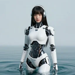 beautiful centered fine art photo portrait of hoyeon jung as a solarpunk robotic humanoid, half body above water, white mechanical parts with bright halogen lights, ultra - realistic and detailed, white background, natural lighting, soft focus, slow exposure hdr 8 k