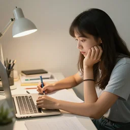 lofi girl sitting at her desk studying