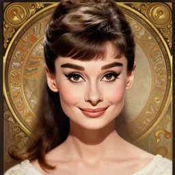 portrait of a young audrey hepburn, upper body, seductive eyes, long hair, joyful smirk, intricate, elegant, highly detailed, digital painting, artstation, concept art, matte, sharp focus, illustration, art by artgerm and greg rutkowski and alphonse mucha