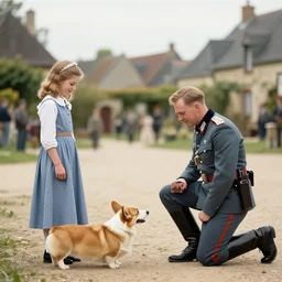 ultra wide 1 9 4 6 blurry historical photo of a single german general kneeling, a young queen elizabeth and her brown and white corgi watch him, french village exterior, highly detailed, sharp focus
