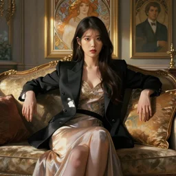IU from Hotel del Luna wearing a chic high-end dress, luxurious suit, posing, she\'s sitting on an expensive couch in a high class mansion setting, portrait art by alphonse mucha and greg rutkowski, highly detailed, digital painting, concept art, illustration, dim lighting with twilight rays of sunlight, trending on artstation, very detailed, smooth, sharp focus, octane render, close up
