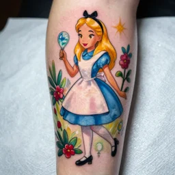 tattoo of disney's alice in wonderland, high quality, high definition, 8 k, very colourful