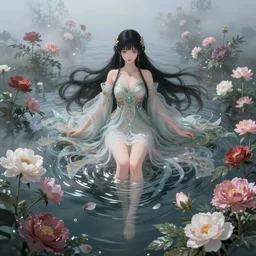 Stunning Anime Goddess of the floral river flowers, misty,  by cgsociety,  in the style of Charlie Bowater, Tom Bagshaw,  intricate, beautiful, artstation 8k, high resolution
