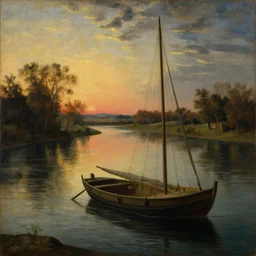 renaissance era classical painting of river with a boat, at dusk, during middle ages, split complementary palette, oil painting, by greg rutkowski