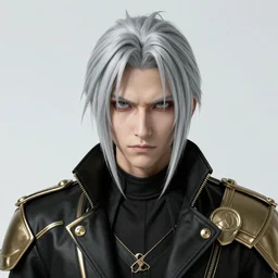 digital art of a pale menacing Sephiroth with piercing eyes, gilded black uniform, he commands the fiery power of resonance and wrath, by WLOP, Artstation, CGsociety