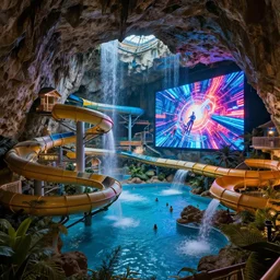 cavernous underground waterpark with water slides, digital art, epic composition, highly detailed, cinematic lighting