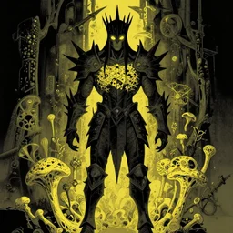 black and yellow flat color, artgerm, joshua middleton, mucha, richard corben, wayne barlowe, moebius, heavy metal comic cover art, psychedelic triangular skeletal calcification fungus lich in darkiron spike armor, full body, hollow eyes, symmetrical face, long black crown, in a dungeon background, moody dark colors