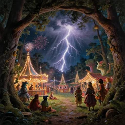 closeup of a night carnival inside a tree cavity in a magical forest in the middle of a summer storm, with a music scenario with many fireworks and christmas lights, volumetric lightning, instense god rays in the sky, folklore people disguised with fantastic creatures in a magical forest by summer night, masterpiece painted by canaletto, scene by dark night environment, refraction lights,