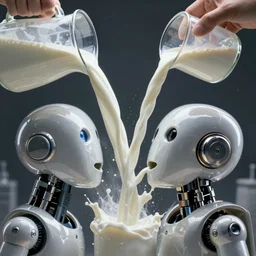 milk is flowing like a river out of a scientist's mouth and it is flowing into the mouth of an android
