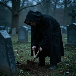 photo of a man in black cloak digging on a graveyard, eerie, ambient light