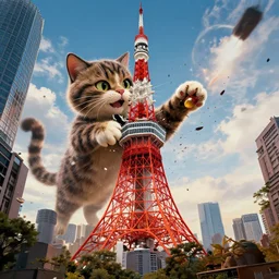 Giant cat destroying Tokyo tower, action movie poster, by Jim burns, pieter claesz, 4K, 8k, digital art, artstation, cgstudio