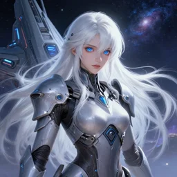beautiful android girl on a mothership, warframe armor, pretty face, scifi, futuristic, galaxy, raytracing, dreamy, perfect, digital painting, long white hair, blue cyborg eyes, sharp focus, intricate, highly detailed, artstation, intricate, innocent, art by gauthier leblanc, kazuya takahashi, huifeng huang