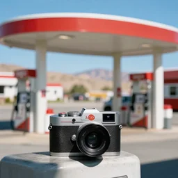 A gas station in Nevada, mid day, realistic photograph, bokeh, taken with a Leica camera, shallow depth of field, William Eggleston style