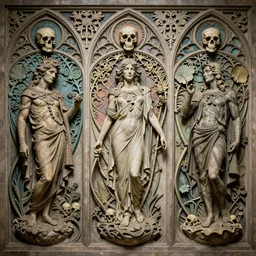 detailed realistic memento mori by amano, augustus pugin, and cameron gray, gothic ornament, skulls, bones, art nouveau, neogothic, ornate art nouveau botanicals, horizontal symmetry