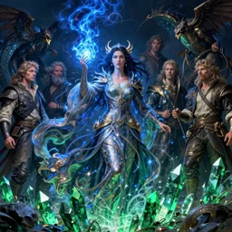 the female arcanist and the male artificer by zacharias aagaard and albert bierstadt and brom and zdzisław beksinski and greg hildebrandt and wayne barlowe and jean delville, beautiful, flowing magical robe, highly detailed, hyperrealistic, intricate, energy, electricity, blue flame, low light, green crystal, high contrast, submission