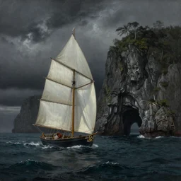 photorealistic painting of a 1 9 2 5 seiner sailing near a short tropical cliff with the mouth of a sea cave at the waterline, dark, brooding, atmospheric, lovecraft, horror, smooth, epic, highly detailed, cinematic, by lee gibbons